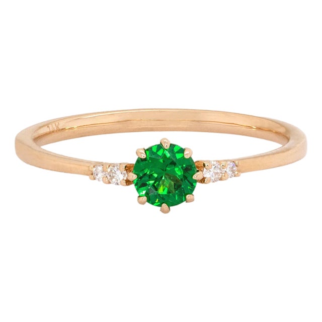 0.37cts Tsavorite Garnet W Natural Diamond Accents Ring : 14k Solid Gold | 4mm For Sale