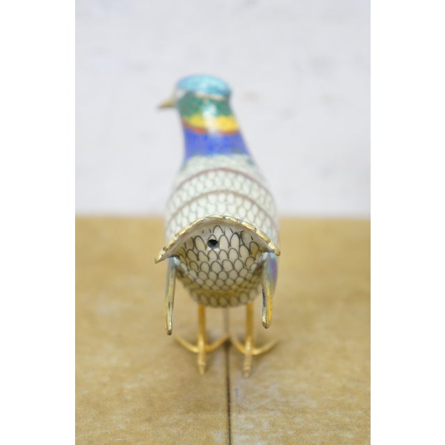 Vintage Chinese Brass Cloisonne Enamel Bird Figurine on Wood Stand 5" For Sale - Image 4 of 13