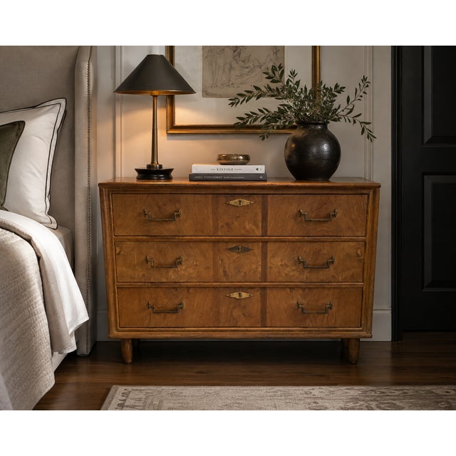 A handsome vintage three-drawer chest by Mastercraft Furniture Co. of Grand Rapids, Michigan. Compact in scale yet...