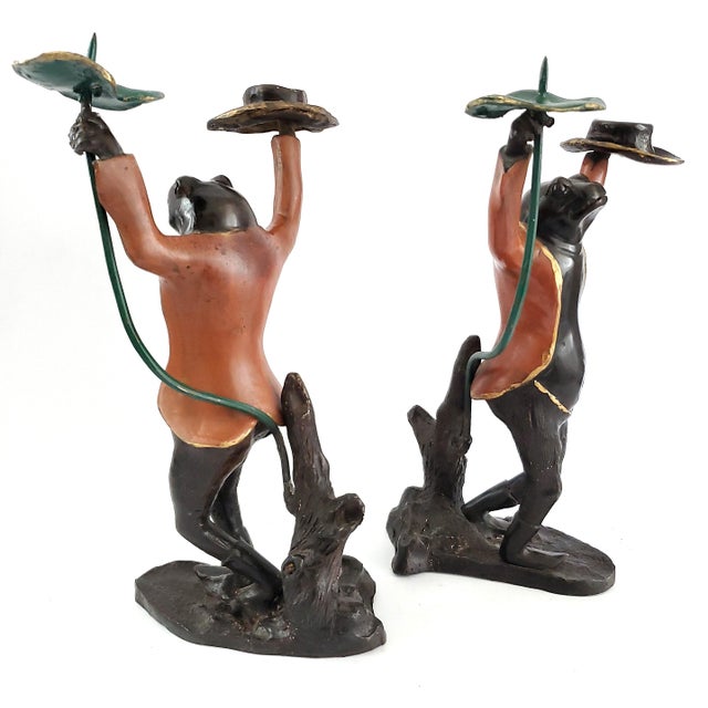 Large Antique Painted Bronze Frog Candlesticks Pair For Sale - Image 12 of 17