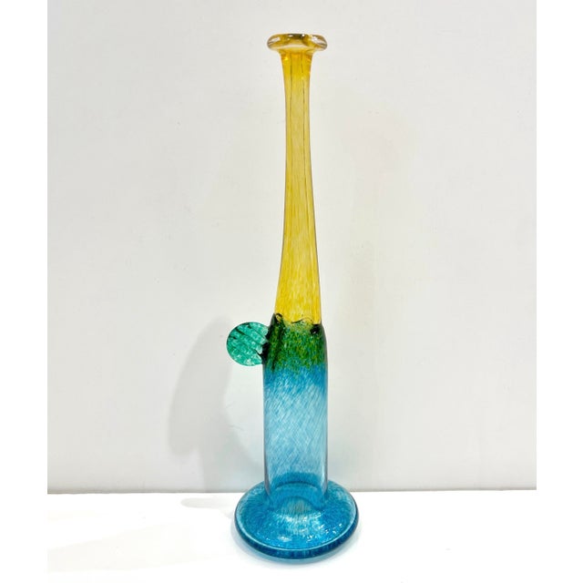 1970s Bertil Vallien Swedish Blue Green Yellow Art Glass Vase for Kosta Boda For Sale - Image 11 of 13