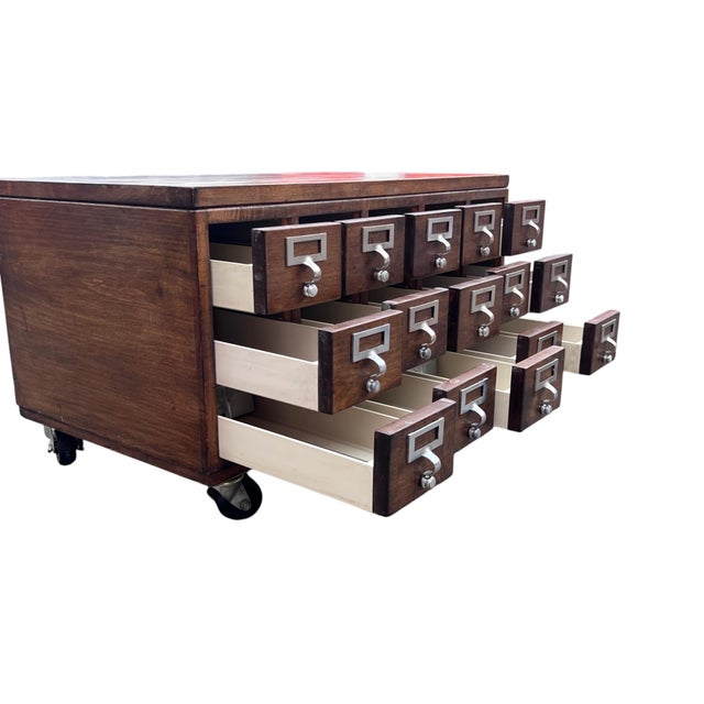 Vintage Wooden Library Card Catalog Cabinet With 15 Drawers on Casters For Sale In New York - Image 6 of 18