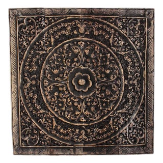 Antique Burn 48" Square Boho Teak Carved Panel / Headboard For Sale