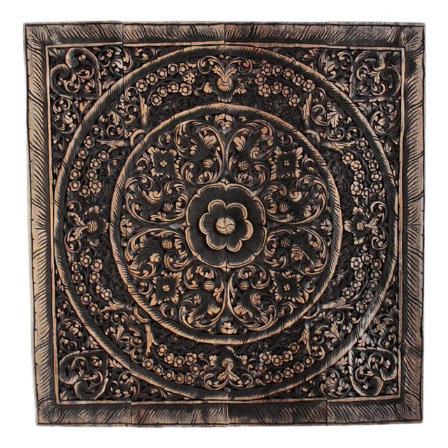 Antique Burn 48" Square Boho Teak Carved Panel / Headboard For Sale