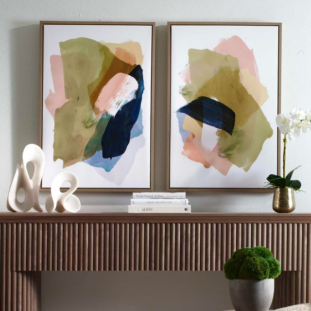 A Harmonious Blend Of Organic Shapes And Bold Brushstrokes, With Shades Of Blue, Olive Green, And Salmon Set Against A...