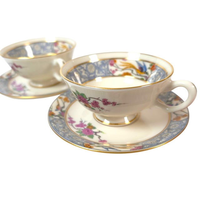 Traditional Vintage Lenox Ming P-16 Bird and Floral Footed Teacups and Saucers Set of 2 - 4 pcs For Sale - Image 3 of 16