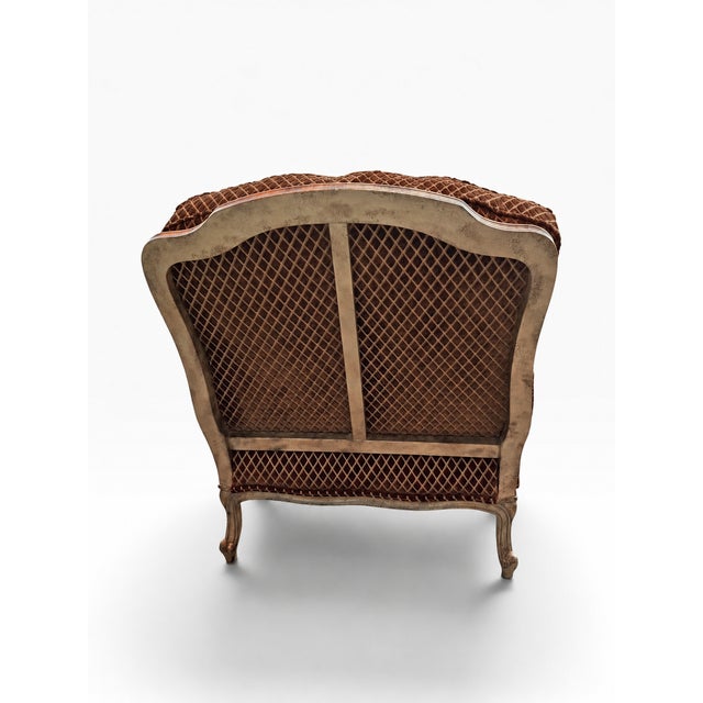 Wood Custom-Made Louis XV–Style Giltwood Bergère Chairs in Diamond-Patterned Velvet (A Pair) For Sale - Image 7 of 14