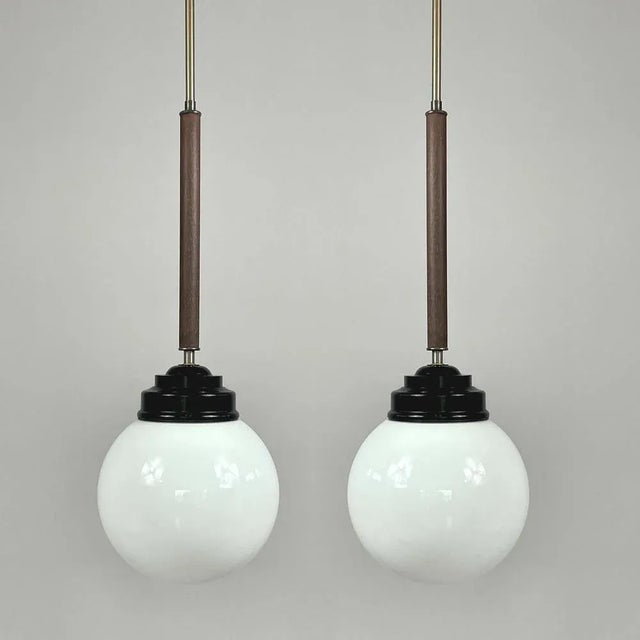 Metal Opaline Glass, Bakelite and Wood Pendant from Sieverts Kabelverk, Sweden, 1940s For Sale - Image 7 of 15