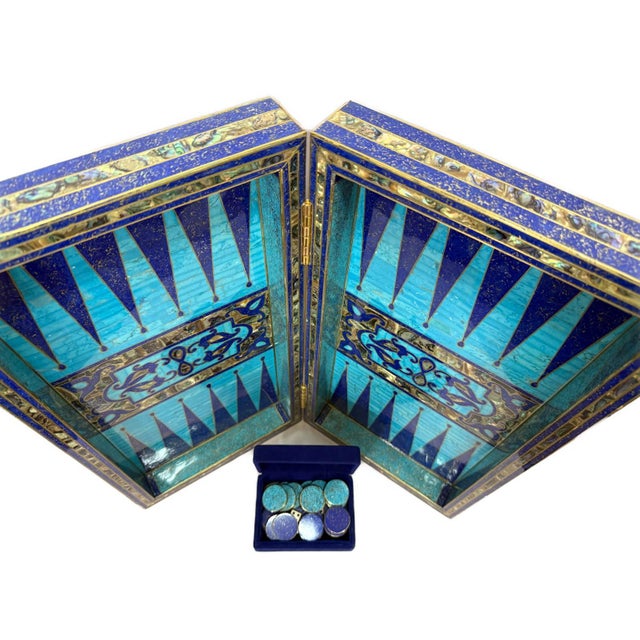 Handmade Wooden Backgammon & Chess Board Lapis, Turquoise & Mother of Pearl For Sale - Image 6 of 14