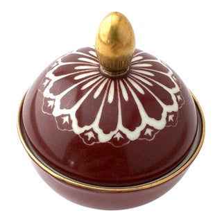 Signed Vintage Suisse Langenthal Oxblood Porcelain Lidded Trinket Box With Gold Finial For Sale