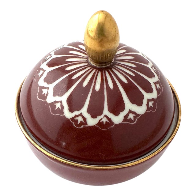Signed Vintage Suisse Langenthal Oxblood Porcelain Lidded Trinket Box With Gold Finial For Sale