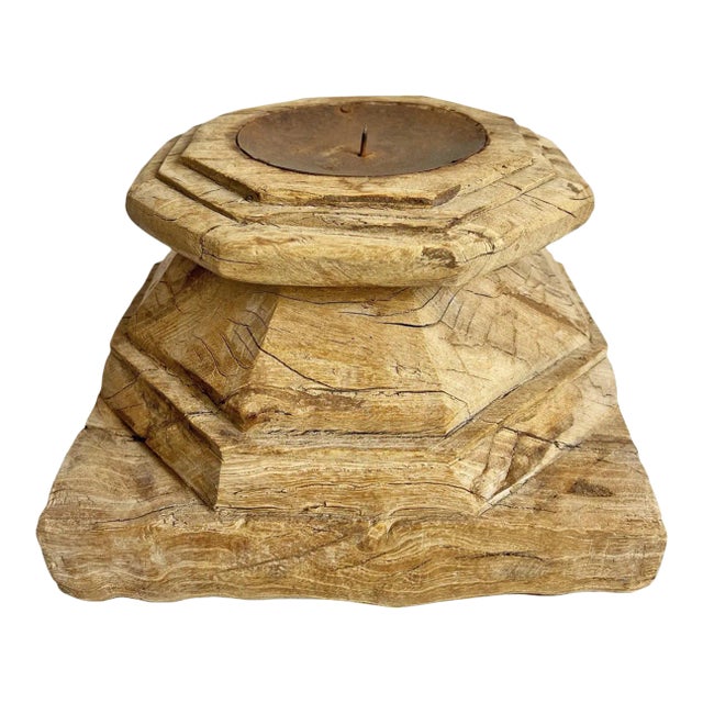 Vintage Sun Bleached Teak Column Candle Stand For Sale