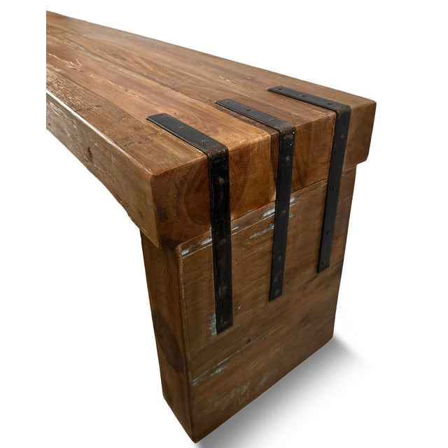 Simple Farmhouse Salvaged Teak Bench W/Iron Details For Sale In Los Angeles - Image 6 of 7
