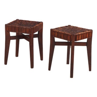 Pair of French Oak Stools With Woven Leather Strap Seats, C 1925 For Sale