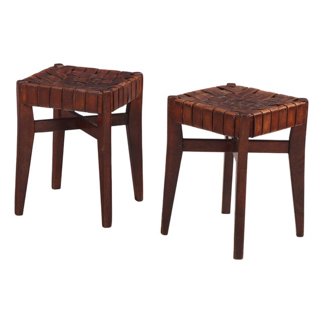 Pair of French Oak Stools With Woven Leather Strap Seats, C 1925 For Sale