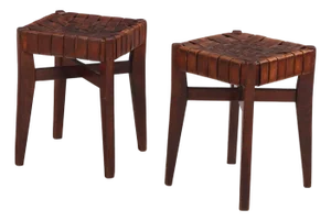 Pair of French Oak Stools With Woven Leather Strap Seats, C 1925