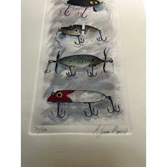 Original work of art. Hand colored etching from 2008 edition 32/500. Fishing Lures. Great summer house vibe. Illegible...