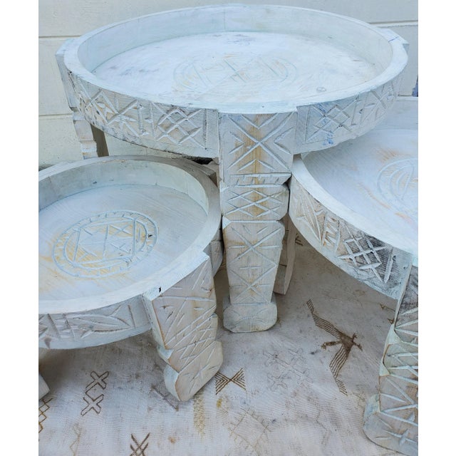 2020s Moroccan Hand Carved White Wash Wooden Table / Berber Style Tayfour Set of 3 For Sale - Image 5 of 6