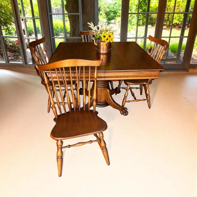 Brown 1930s Tiger Oak/Quarter Sawn Table With Color Matched Ethan Allen (Nutmeg) Hard Rock Maple Fiddleback Chairs - All High End Handcrafted Furnitire For Sale - Image 8 of 10