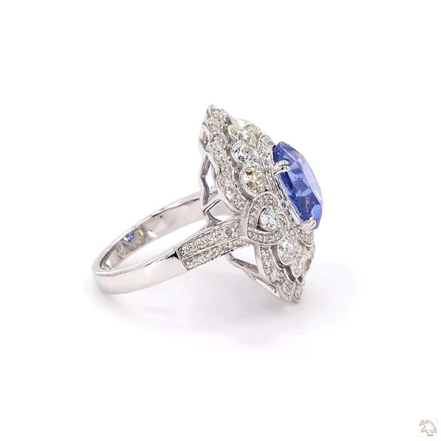 Blue 2.58 Carat Old European Cut Diamond Blue Sapphire Gold Ring, Size 6.5 For Sale - Image 8 of 9