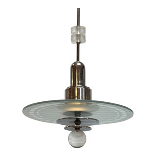Mid 20th Century Art Deco Saturn Etched-Glass + Chrome Chandelier For Sale