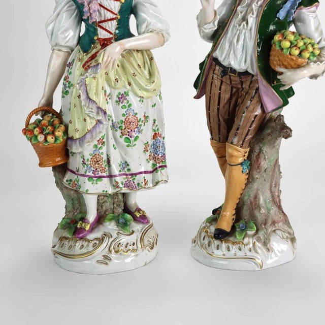 Ceramic Pair Oversized Antique German Majolica Porcelain Figures of a Maiden & Lad C1920 For Sale - Image 7 of 16