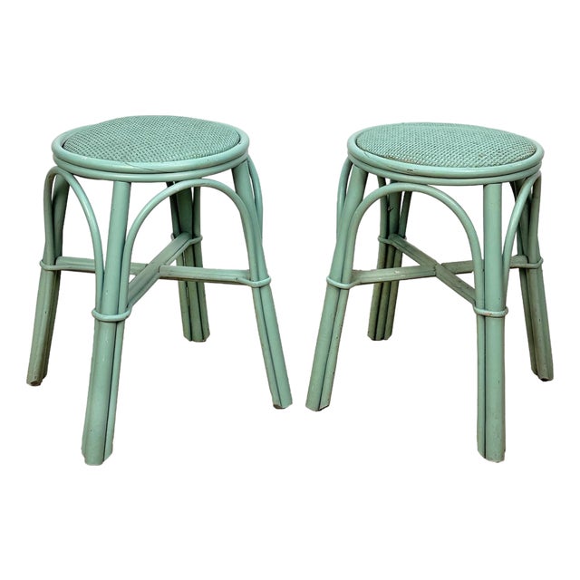 Vintage Coastal Rattan Turquoise Round Wicker Stools - A Pair For Sale