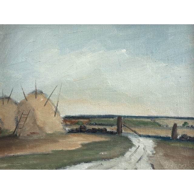 Blue Mid-Century Modern 'Haystacks by the Gate' Vintage Original Landscape Oil Painting, Framed For Sale - Image 8 of 11