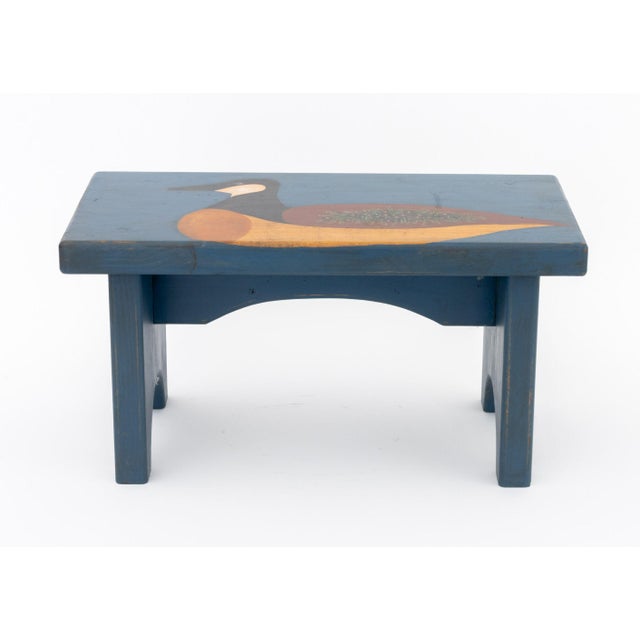 American Folk Art Goose and Floral Motifs Polychrome Painted Pine Footstool, signed and dated "Sling / '99" to underside....