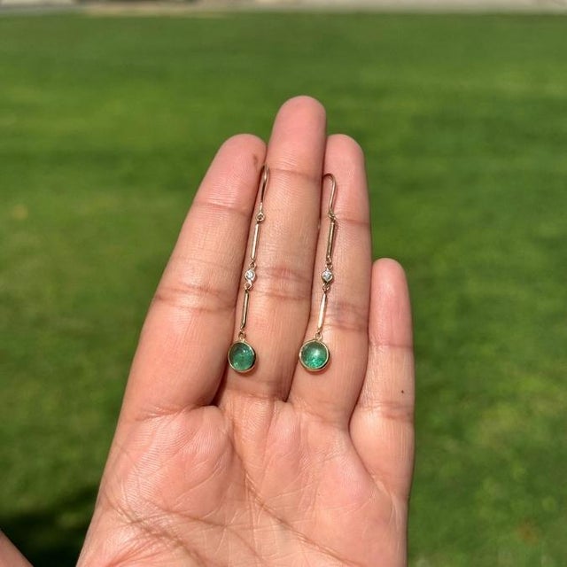 Asian Contemporary 2.15ct Emerald & Diamond Floating Drop Earrings in 14k Gold- 2 Pieces For Sale - Image 3 of 14
