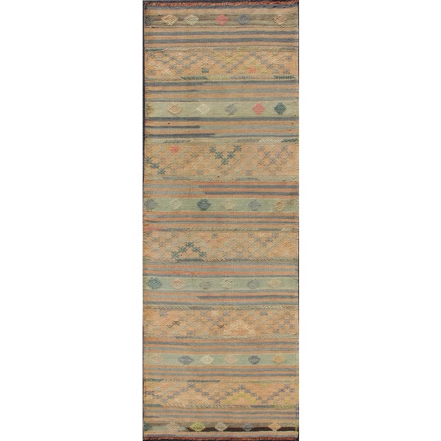 Vintage Hand Woven Turkish Kilim Runner With Geometric Shapes and Colorful Stripes For Sale - Image 12 of 12