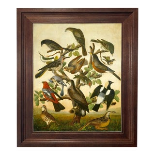 Birds in Tree Framed Oil Painting Print on Canvas in Distressed Brown Wood Frame For Sale