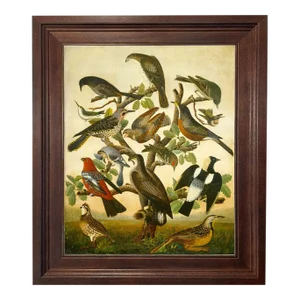 Birds in Tree Framed Oil Painting Print on Canvas in Distressed Brown Wood Frame