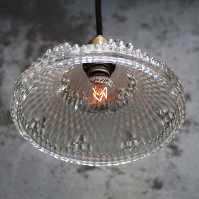 Metal French Art Deco Brass and Etched Clear Glass Pendant Light, 1920s For Sale - Image 7 of 8