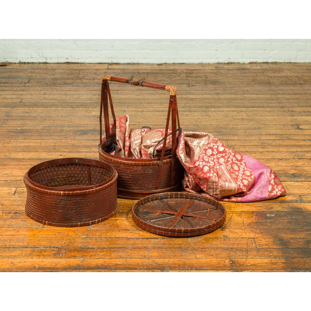 Antique Chinese Rattan and Bamboo Nested Lunch Basket with Carved