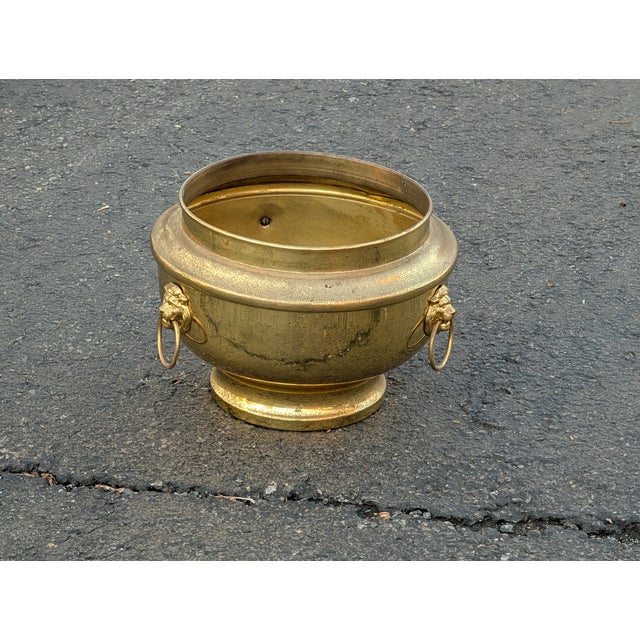 Brass Vintage Heavy Solid Brass Small Round Pedestal Planter With Lion Heads For Sale - Image 8 of 9