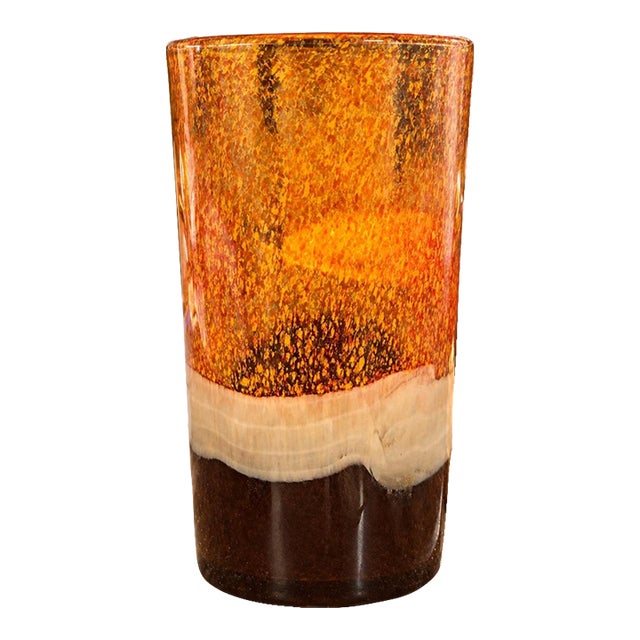 Vintage Pier 1 Amber Tortoiseshell Art Glass Hurricane Candle Holder & Vase For Sale