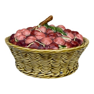 Majolica Cherries Basket Sarreguemines, Circa 1920 For Sale