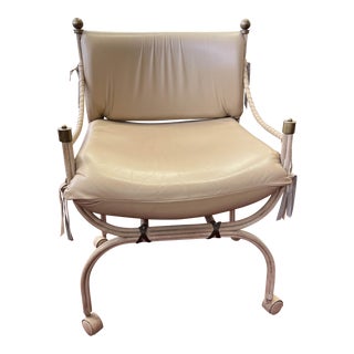 Vintage Leather Wrapped Forged Iron Campaign Chair For Sale