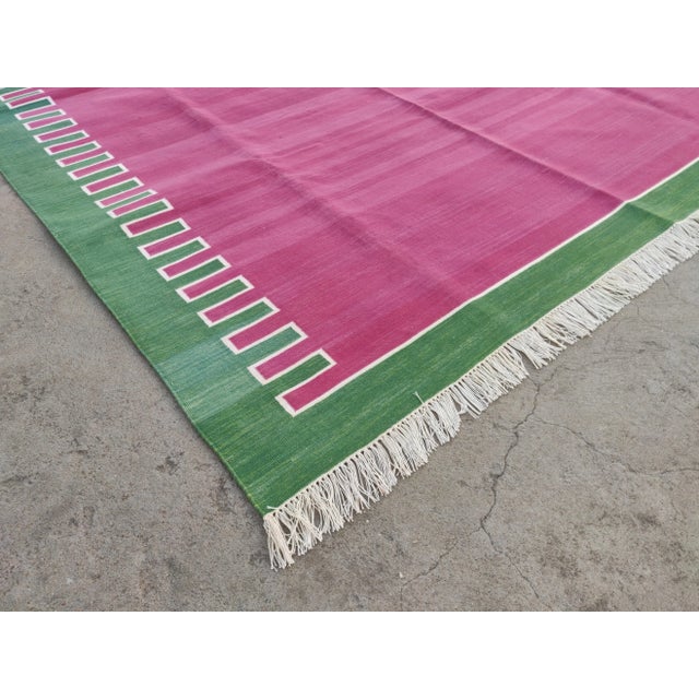 Mid-Century Modern Handmade Cotton Rug, Raspberry with Forest Green Geometric Border and Cream Fringe - 6'x9' For Sale - Image 3 of 10