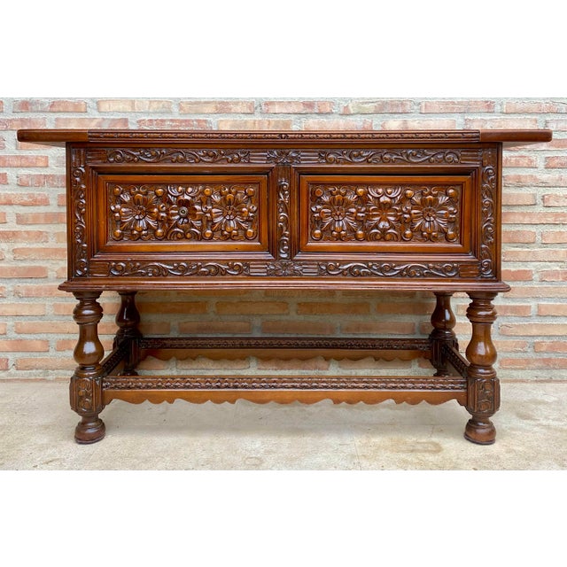 Spanish Carved Wood Sideboard With Floral Decoration, Mid-20th Century For Sale - Image 4 of 18