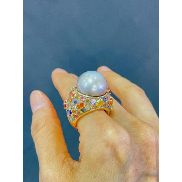 Bochic “Capri” Multi Sapphire & Tahiti Pearl Ring Set In 18K Gold & Silver For Sale - Image 11 of 12