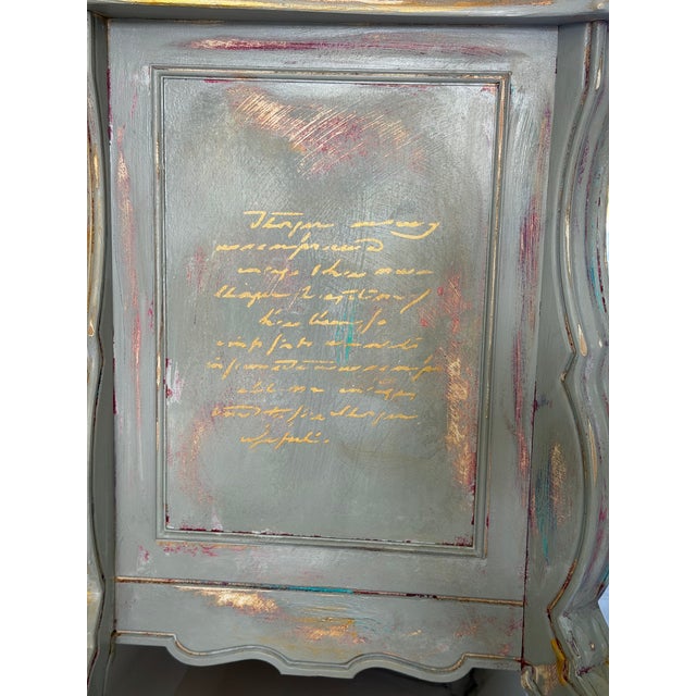 1970s Artisan-Finished Louis XV Chest with Poetic Script Detail For Sale - Image 4 of 12