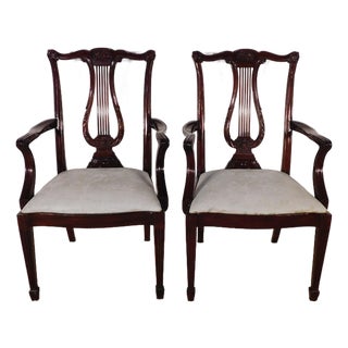 Pair Circa. 2003 Henkel Harris Mahogany Model #118a Arm Dining Chairs For Sale