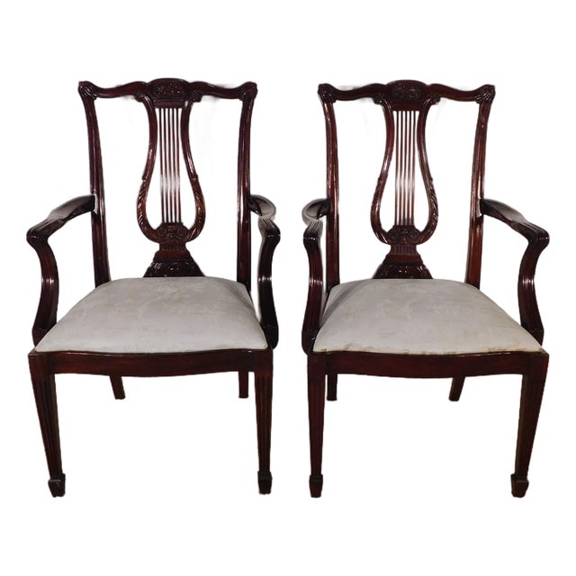 Pair Circa. 2003 Henkel Harris Mahogany Model #118a Arm Dining Chairs For Sale