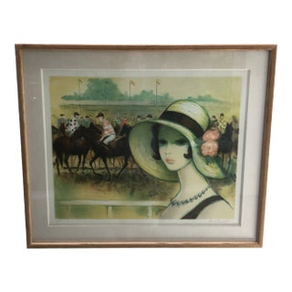 1980s "Woman at Horse Races" Artist Proof Lithograph Signed F. Botet, Framed For Sale