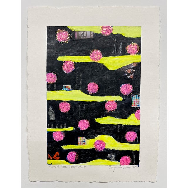 A colorful work on paper from mid career artist Ben Junta Acrylic, Collage, Pink Glitter on Paper 14" x 10.75"