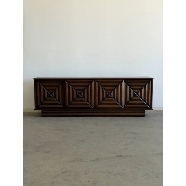 1960s Brutalist Walnut Credenza With Carved Diamond Design For Sale - Image 10 of 18