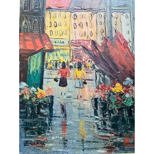 LE-BLANC inspires beautiful colors, and subjects in this charming oil on board. The artist describes the street of Paris...