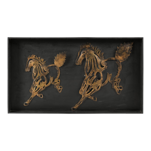 V3d Gold Metal Horse Wall Art on Black Mango Wood Frame | Equestrian Running Stallion Sculpture | Modern Ranch Decor | Horse Lover Gift